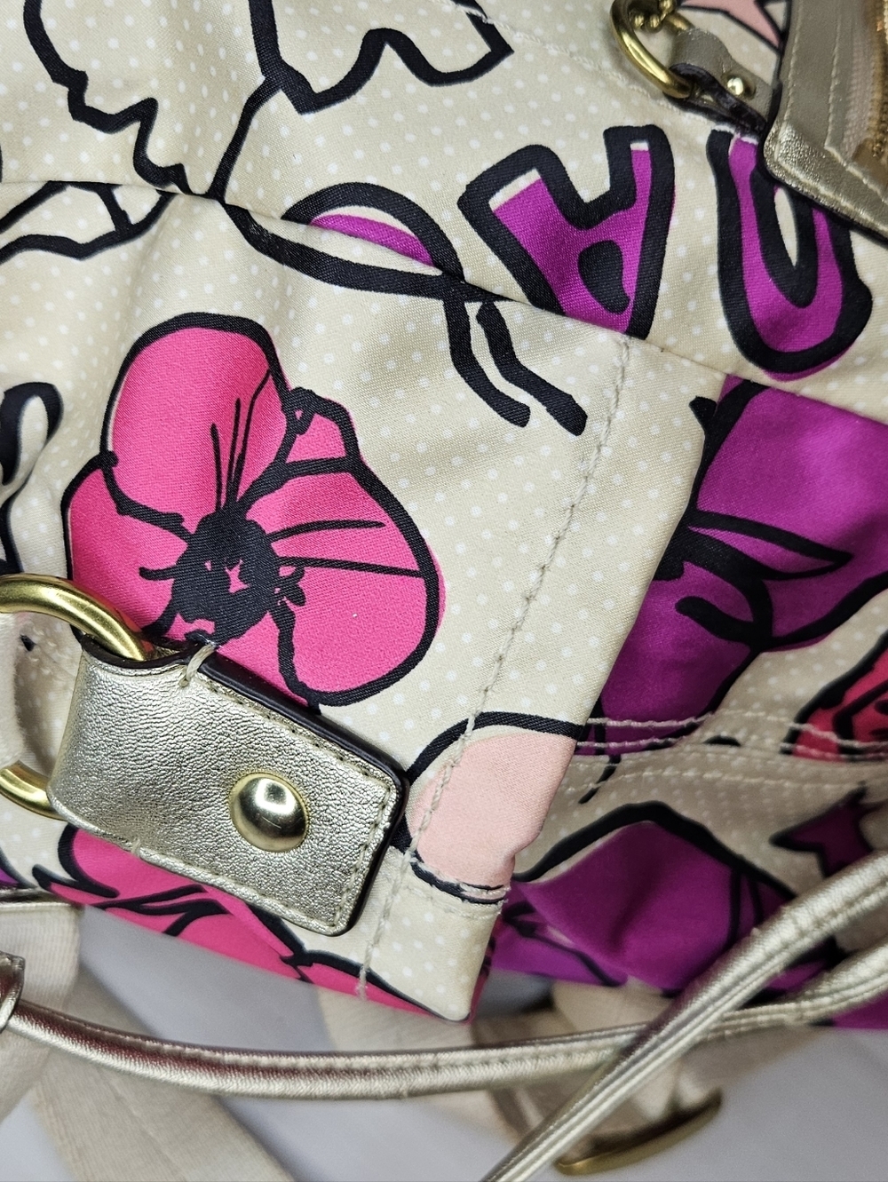 COACH Kyra Floral Poppy Print Backpack Pink White Purple Gold Tone Bag - Picture 11 of 16